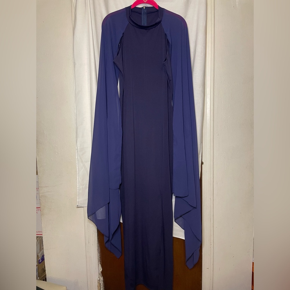 NWOT NIB Navy Blue Sleeveless Maxi Dress w/ Sheer Dramatic Cape Sleeves Size L